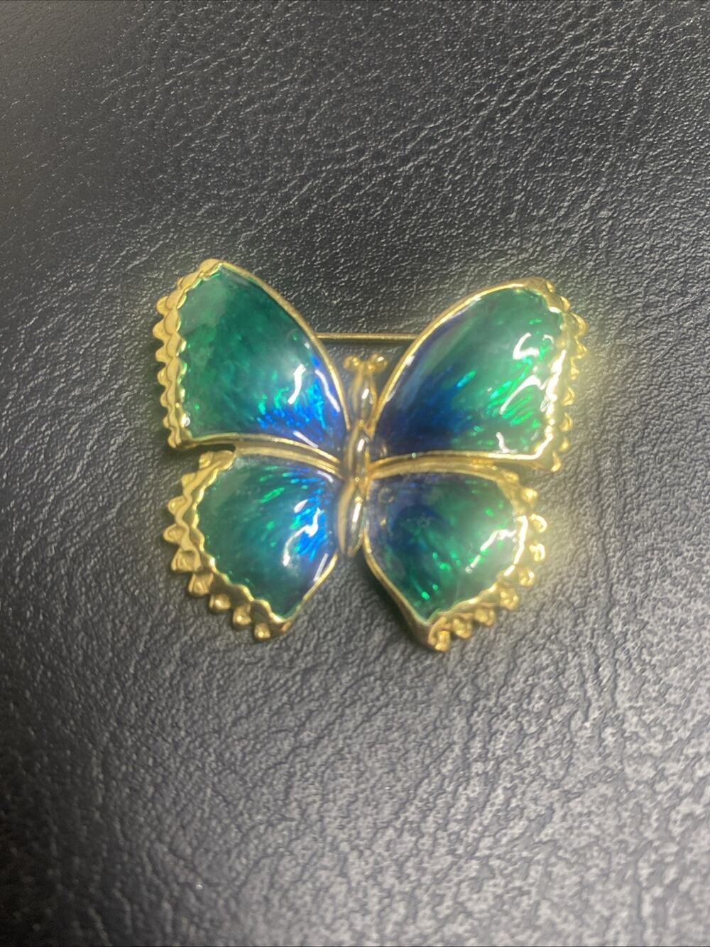 Vintage Green Gold Butterfly Brooch Pin Back Enamel 1.75”x 1.5”